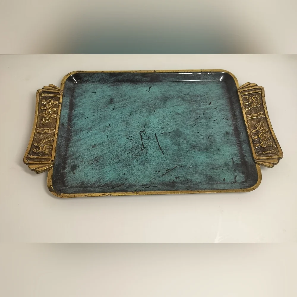VINTAGE ENAMEL ON BRASS BLUE SERVING TRAY W/HANDLES MADE IN ISREAL 16